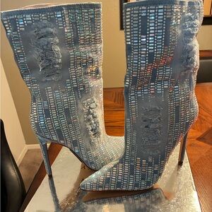 Stylish Denim Stiletto Boots with Silver Accents